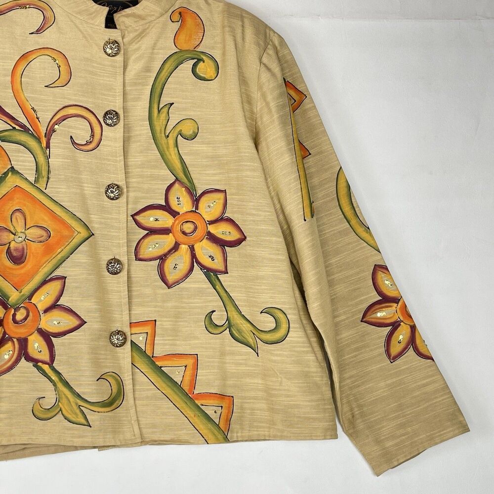 Vintage Alex Kim Women’s Size LP Jacket Yellow Floral Sequined Buttons Closure - Picture 11 of 16